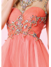 Coral Tulle Beaded V Sexy Back Knee Length Prom Dress 